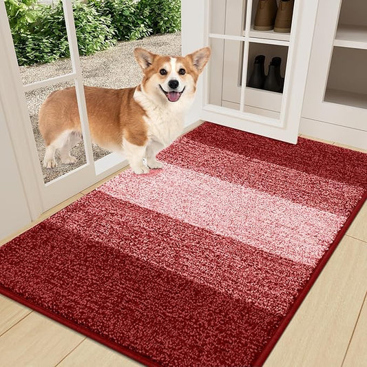 Smiry Dog Door Mat for Muddy Paws, Absorbs Moisture and Dirt, Low-Profile Entryway Mat with Non-Slip Backing, Entry Indoor Outdoor Doormat for Inside Floor (36x24 Inches, Burgundy, Striped)
