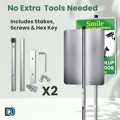 Clean Up After Your Dog Signs, Smile Youre on Camera Signs, 10 x 13 Inch Reflective Aluminum Outdoor Yard Signs with 28 Inch Metal Stake, 2 Pack