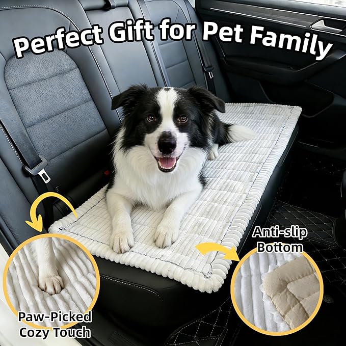 Dog Car Seat Cover, Pet Couch Covers for Car and Sofa, Non-Slip Backseat Pet Bed Mat, Machine Washable, Soft Plush Travel Seat Protector with Portable Storage Bag (White,23.6''×59'')