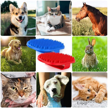 Lilpep Dog Bath Brush, Rubber Pet Shampoo Brush with Silicone Bristles for Massaging Grooming, Removing Short Haired Dogs Cats Shedding, Tangles and Dead Undercoat 2pcs (Blue+Red, plum brush)