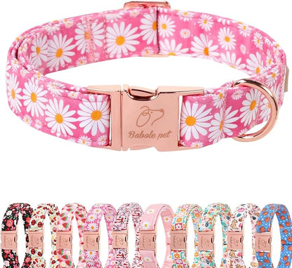 Pink Daisy Dog Collar, Cute Spring Flower Female Pet Collar with Metal Buckel, Soft Adjustable Designer Dog Collars for Small Medium Large Dogs L