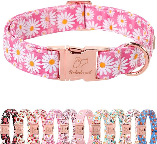 Pink Daisy Dog Collar, Cute Spring Flower Female Pet Collar with Metal Buckel, Soft Adjustable Designer Dog Collars for Small Medium Large Dogs L