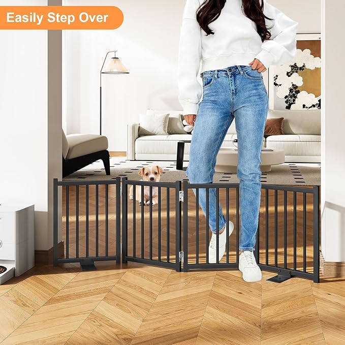 Snughome Short Dog Gate Indoor, 16" High Freestanding Small Dog Door Gates with Support Feet, Expands Up to 48’’ Wide Foldable Pet Gate for Doorway, 4 Panel Folding Pet Door Pet Fence for Puppy, Black