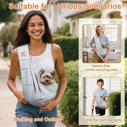 Tomkas Small Dog Sling Carrier - Classic Pocket & Classic Strap - for 3-10 lbs Pets(Grey)