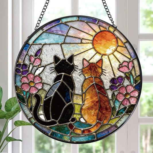 Stained Glass Window Hanging, 7.8″ Cat Sun Catchers with Hook Indoor Window Decor, Decorative Suncatchers Hanging Ornaments Home Garden Art Gift for Housewarming