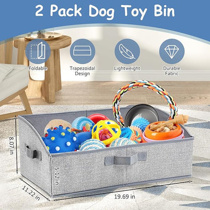 VCEPJH Dog Toy Basket Storage Box, 2 Pack Foldable Pet Toy Basket Shallow Puppy Toy Bin with Handles for Organizing Chew Toys Leashes Clothes Blankets And Accessories(Gray), TP062-2