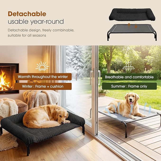 Elevated Dog Bed with Removable Bolster Cushion Mat, Raised Pet Cot for Medium Sized Dog with Breathable & Washable Mesh, Indoor & Outdoor Pet Hammock with Skid-Resistant Feet.