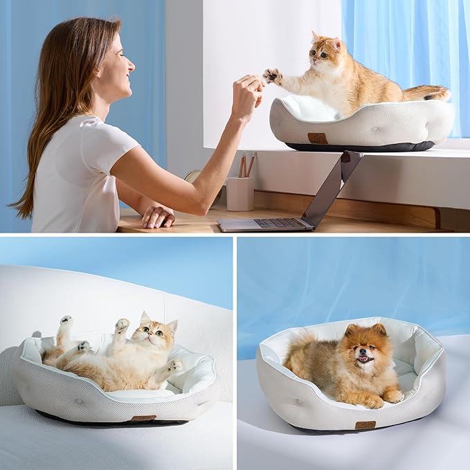 Bedsure Cooling Dog Beds for Small Dogs - Round Medium Cat Beds for Indoor Cats, Washable Pet Bed for Puppy and Kitten with Slip-Resistant Bottom, 25 Inches, Blue
