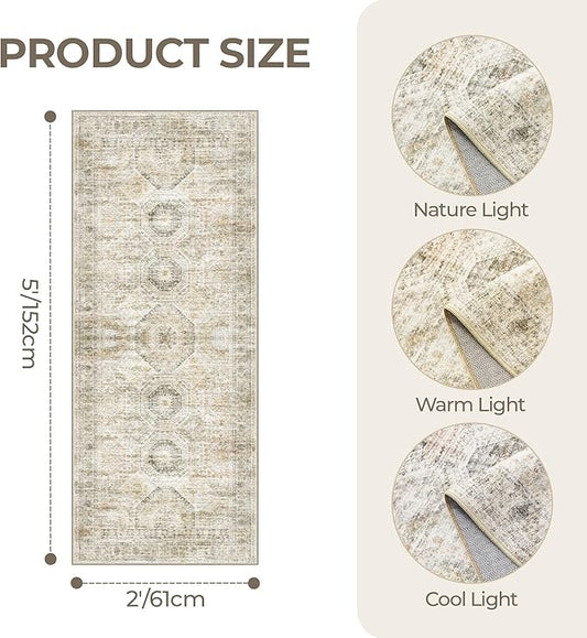 2x5 Rug Runner Washable for Entryway, Soft Bathroom Rugs with Non-Slip Backing, Abstract Low Pile Hallway Runner, Vintage Small Kitchen Carpet for Stair, Laundry Room(2'x5', Grey/Yellow)