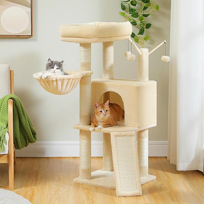 MUTTROS Cat Tree, Multi-Level Cat Tower for Indoor Cats, Cat Climbing Tree Condo with Sisal Covered Scratching Posts, Deep Hammock and Interactive Cat Toy, Beige