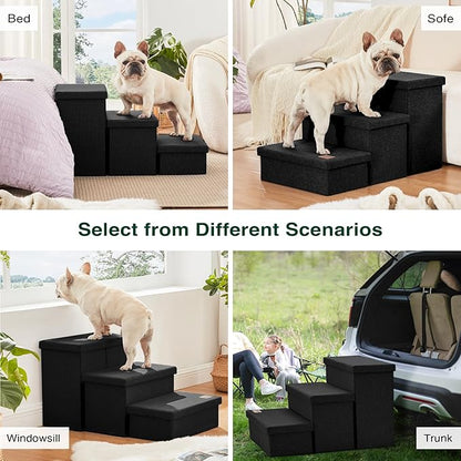Love's cabin Dog Stairs with Storage, 3 Steps Wider Dog Steps for High Bed 18" H, Foldable Pet Stairs for Small Medium Large Dogs Cats for Bed Couch Car, Ramp with Zip up to 200 lbs, Black