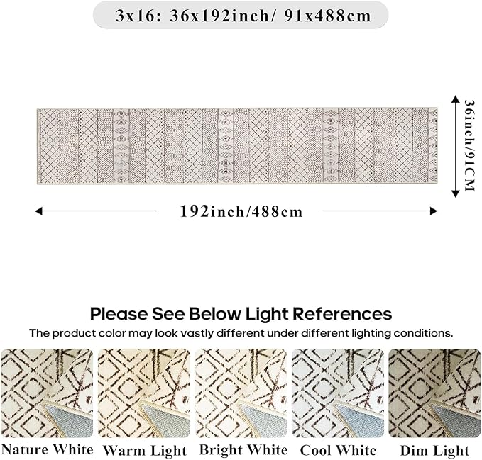 Washable Runner Rugs 3x16 - Long Hallway Runner Rug Low Pile Rug with Rubber Backing Floor Mat Non Slip Moroccan Indoor Carpet for Kitchen Bedroom Entryway 3x16 Geo Beige