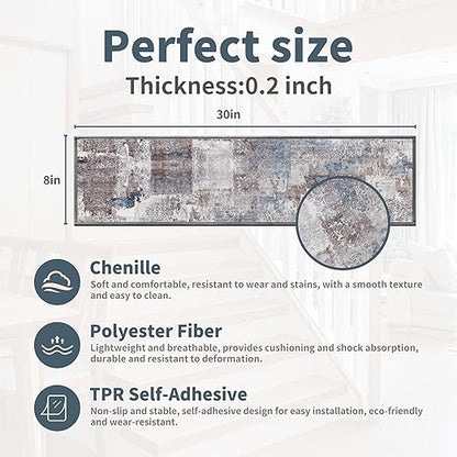 Non-Slip Carpet Stair Treads 15PCS, 8"x30" Peel and Stick Stair Runner for Wooden Steps Indoor, Washable Reusable Adhesive Backing, Pet-Friendly Safety Mats for Kids, Elders, Dogs