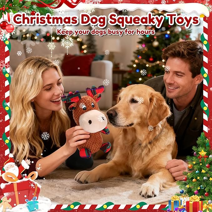 Christmas Dog Toys Plush Chew Toys for Dogs, Tough Stuffed Elk Squeaky Toy with Crinkle Paper, Adorable Xmas Reindeer Dog Toy, Dog Gifts for Small Medium Large Dogs to Keep Them Busy
