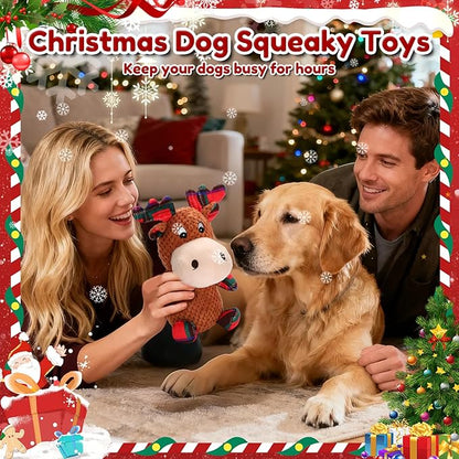 Christmas Dog Toys Plush Chew Toys for Dogs, Tough Stuffed Elk Squeaky Toy with Crinkle Paper, Adorable Xmas Reindeer Dog Toy, Dog Gifts for Small Medium Large Dogs to Keep Them Busy
