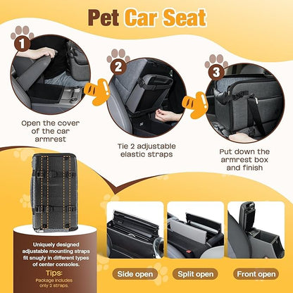 YUDODO 2-12lbs Center Console Dog Car Seat, Anti-Slip Pet Cat Booster Seat for Small Dogs, Portable Puppy Bed Carseat Carrier PU Leather Gray