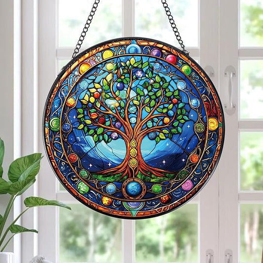 Tree of Life Stained Glass Window Hanging Gifts, 7.8″ Sun Catchers for Indoor Window Decor, Decorative Sun Catchers Home Wall Art Gift for Thanksgiving Christmas Housewarming