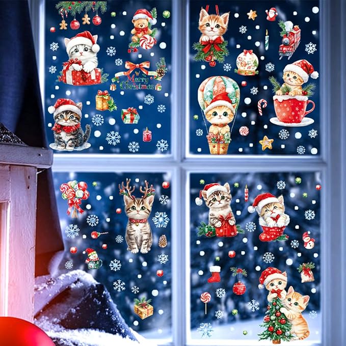 Christmas Window Clings Cat Stickers for Window Glass, 9 Sheets Xmas Decorations Cat Tree Bells Decals for Holiday Party(Cat2341)