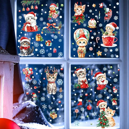 Christmas Window Clings Cat Stickers for Window Glass, 9 Sheets Xmas Decorations Cat Tree Bells Decals for Holiday Party(Cat2341)