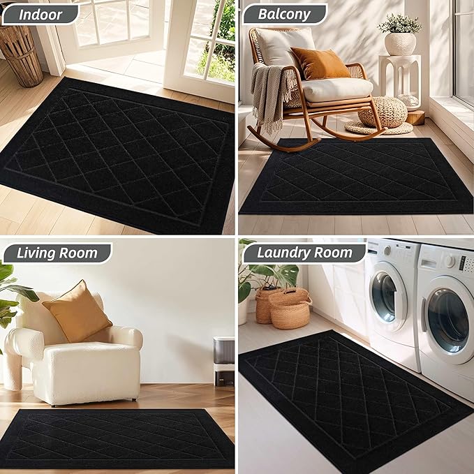 BEQHAUSE Dirt Trapper Door Mat 24" x 36", Doormat Non-Slip Entryway Rugs Washable, Dog Door Mat Stain Resistant and Absorbent Welcome Floor Mat for Front Back Door, Mud Wet Shoes & Paws, Black
