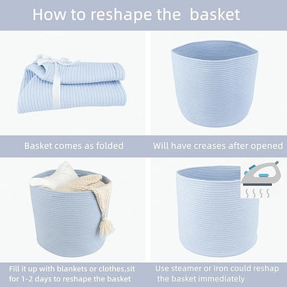 Cotton Rope Basket For Girls Boys Kids 16”X14” Baby Laundry Baskets Nursery Bin Round Woven Basket For Storage Toys Blankets Shoes Clothes blue