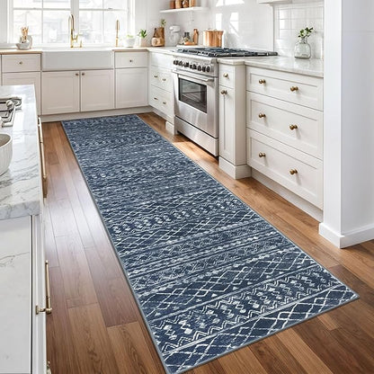 KUTA Boho Runners for Hallways 2.6x10 ft Moroccan Washable Runner Rug Non-Slip Vintage Navy Blue Kitchen Rugs Ultra Soft Distressed Geometric Floor Carpet for Bedroom Laundry Living Room