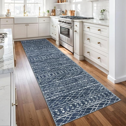 KUTA Boho Runners for Hallways 2.6x10 ft Moroccan Washable Runner Rug Non-Slip Vintage Navy Blue Kitchen Rugs Ultra Soft Distressed Geometric Floor Carpet for Bedroom Laundry Living Room