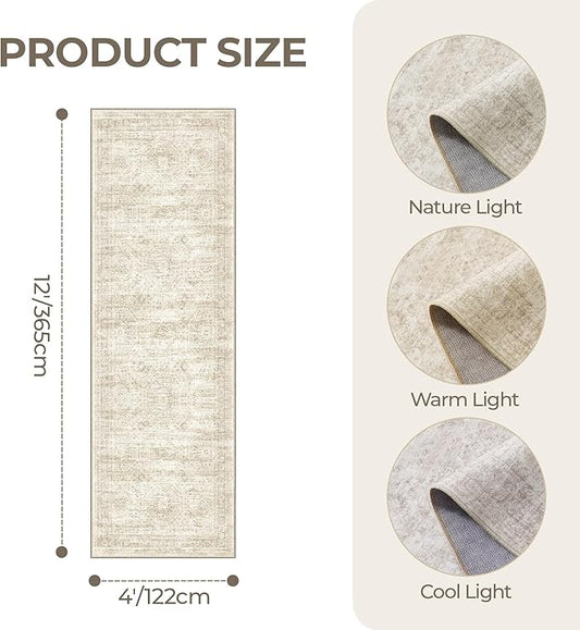 4x12 Runner Rug for Hallway, Low-Pile Wide Runner for Entryway, Long Washable Non-Slip Kitchen Rug, Soft Modern Home Decor Mat for Living, Laundry Room(4'x12', Beige/Ivory)