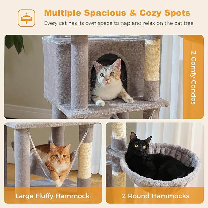 MUTTROS 71.2" Tall Cat Tree for Indoor Cats - 9-Level Multi-Cat Tower w/5 Sisal Scratching Posts, 2 Condos, 3 Hammocks, Perch & Pom Poms - Heavy-Duty for Adult Cats, Space-Saving Plush Gray