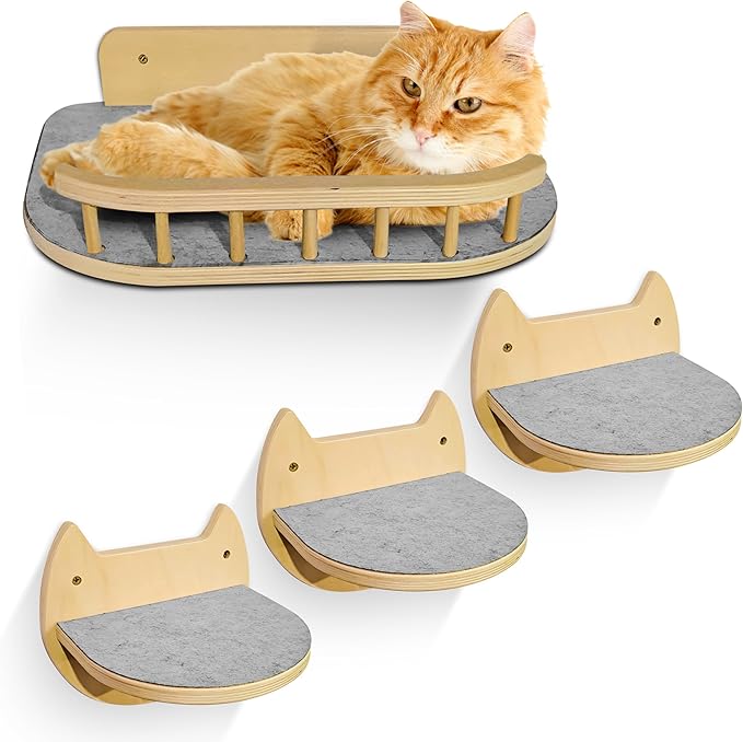 Cat Wall Shelves with 3 Steps – Modern Wood Wall Mounted Furniture, Climber & Perch Shelf for Cats up to 30lbs – Sturdy Floating Bed for Large Cats