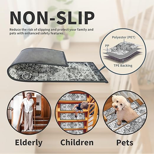 Non-Slip Carpet Stair Treads 4PCS, 8"x30" Peel and Stick Stair Runner for Wooden Steps Indoor, Washable Reusable Adhesive Backing, Pet-Friendly Safety Mats for Kids, Elders, Dogs