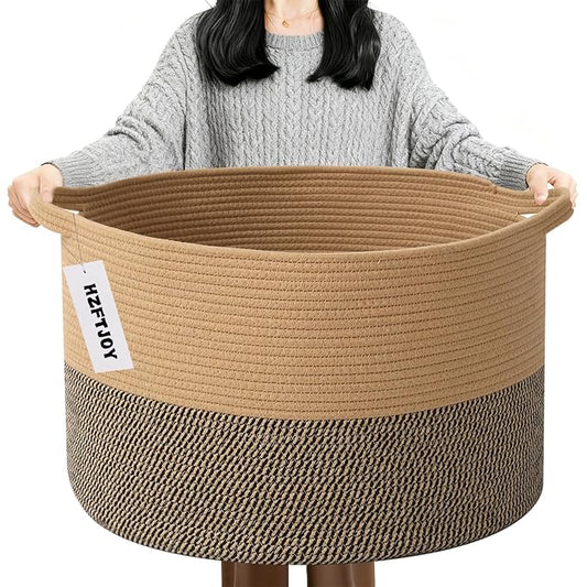 90L Large Blanket Basket,21.7"L x 21.7"W x 13.8"H Rope Woven Baskets with Handles, Toys Storage Bins,Laundry Basket Perfect for Living Room, Nursery,Bedroom,Home Organization,Jute&Black