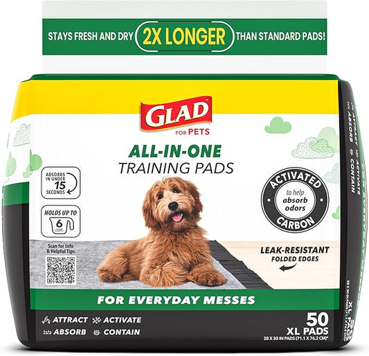 Glad for Pets Extra Large Charcoal Dog Training Pads, Absorbent Leak Proof Pee Pads for Dogs and Puppies, Odor Control Potty Pads with Activated Carbon, 28 x 30 Inches, 50 Count