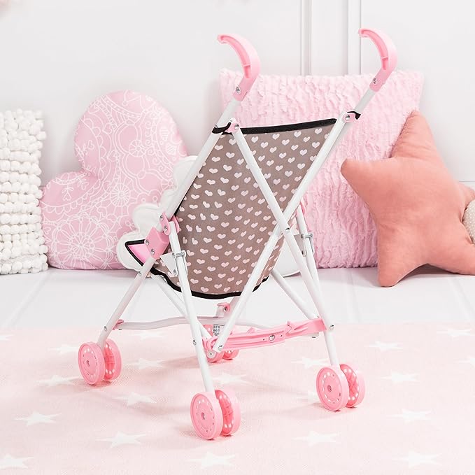 Bayer Doll Stroller Foldable Umbrella - Black & Pink Hearts, 18 inch