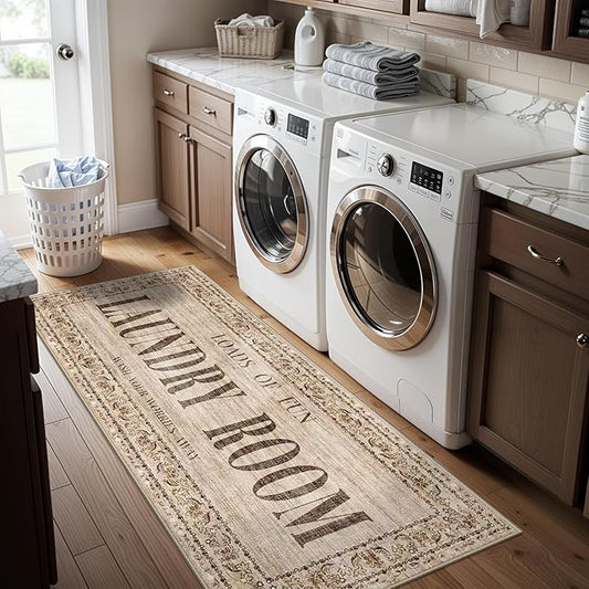 RUUGME Laundry Room Rug Runner 2x5 - Farmhouse Non Slip Carpet for Mudroom Washroom Easy to Clean Washable Stain Resistant Carpets for Bathroom Durable Low Pile Decor Floor Mat 2x5 Natural Wood Brown