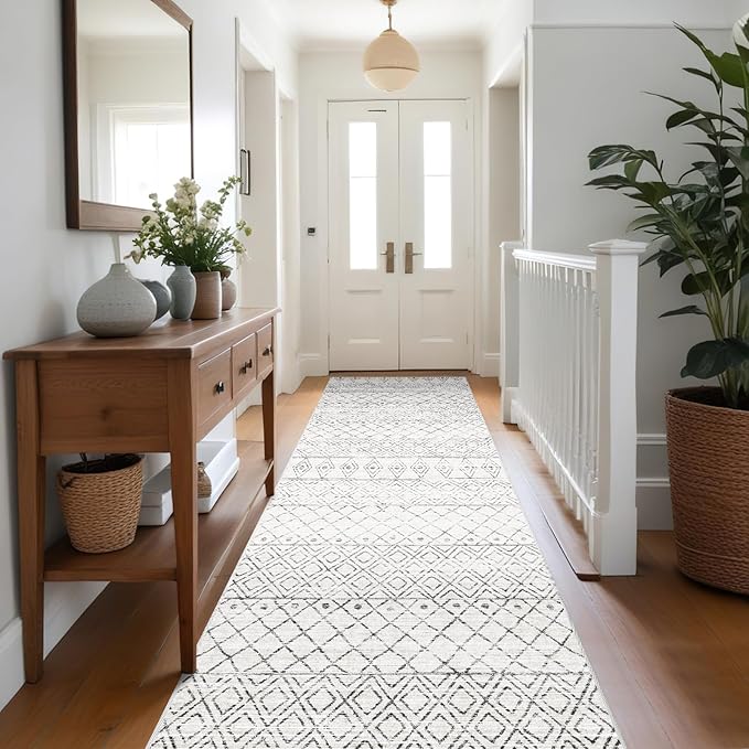 3x10 Runner Rug for Hallway: Washable Rug Runners Low Pile Rug with Rubber Backing Floor Mat Non Slip Moroccan Indoor Carpet for Kitchen Bedroom Entryway 3x10 Geo Grey