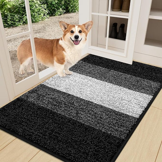 Smiry Dog Door Mat for Muddy Paws, Absorbs Moisture and Dirt, Low-Profile Entryway Mat with Non-Slip Backing, Entry Indoor Outdoor Doormat for Inside Floor (36x24 Inches, Black, Striped)