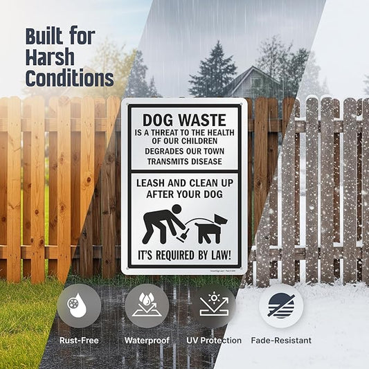 SmartSign 14 x 10 inch “Dog Waste Is A Threat - Leash And Clean Up After Your Dog” Metal Sign, 40 mil Laminated Rustproof Aluminum, Black and White, Made in USA