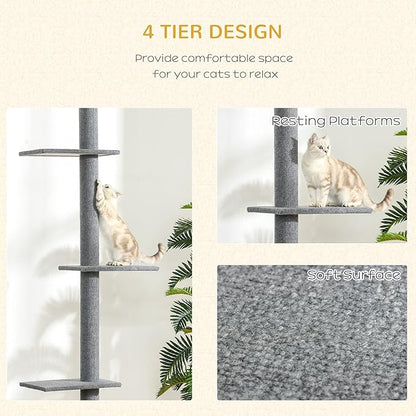 PawHut Floor-to-Ceiling Cat Tree Cat Climbing Tower with Sisal-Covered Scratching Posts Natural Cat Tree Activity Center for Kittens Cat Tower Furniture, Grey