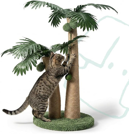 33" Tall Cat Scratching Post, Natural Jute Cat Scratcher for Indoor Cats, Double Coconut Tree Design with Hanging Toy Ball & Rest Platform,Stable Furniture Protector for Kittens & Adult Cats,M
