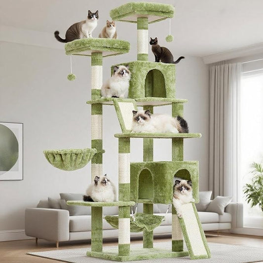 Gitelsnour Cat Tree for Indoor Cats, 71'' (180cm) Multi-Level Cat Tower for Large Adult, Sturdy Cat Tree House with 2 Scratching Boards 7 Posts, 2 Plush Perches/Condos, Hammock, Green GCT032GR