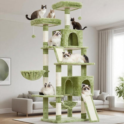 Gitelsnour Cat Tree for Indoor Cats, 71'' (180cm) Multi-Level Cat Tower for Large Adult, Sturdy Cat Tree House with 2 Scratching Boards 7 Posts, 2 Plush Perches/Condos, Hammock, Green GCT032GR
