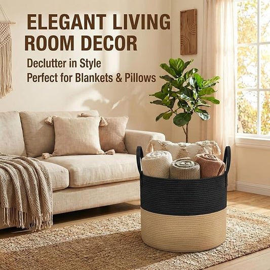 65L Extra Large Blanket Basket for Living Room - Woven Cotton Rope Laundry Hamper with Reinforced Handles - Storage Bin for Pillows, Comforters & Toys - Machine Washable,Black&Jute