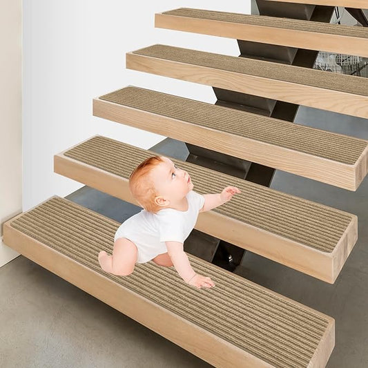 Stair Treads for Wooden Steps - Non Slip Stairs Carpet Tape Peel and Stick with Double Adhesive Tape Set of 15 Stripe- Flax Yellow