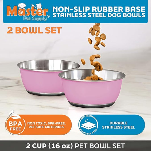 Master Pet Supply Stainless Steel Dog Bowls Set of 2 (16 Oz Each) with Non-Slip Rubber Base - Hyper Pink - Basic Dog Food Bowl Water & Food Bowls for Small Medium Large Dogs & Cats, Metal Dish