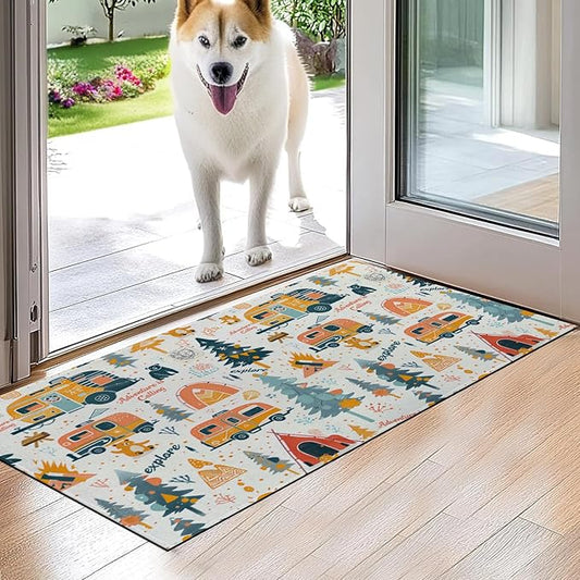 Adventure Camping Indoor Door Mat,Outdoor Camper Picnic Pattern Floor Doormat,17x29.5in,Non Woven Non Slip Rubber Backing Rug for Porch Insider,Bedroom,Kitchen,Doormats Gifts,Rv Camper Decor