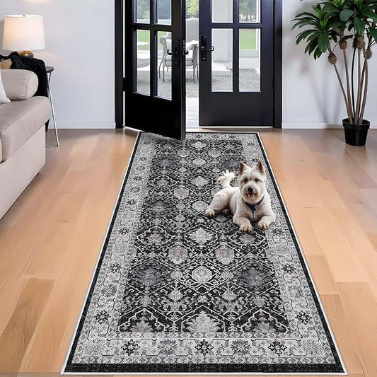 Washable 4x8 Hallway Runner Rug: Vintage 8ft Soft Runners for Entry Living Room Wide Low Pile Carpet with Non-Slip Backing for Kitchen Bedroom Thin Stain Resistant Floor Mat for Dining Room(Black,4x8)