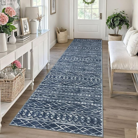 KUTA Boho Runners for Hallways 2.6x10 ft Moroccan Washable Runner Rug Non-Slip Vintage Navy Blue Kitchen Rugs Ultra Soft Distressed Geometric Floor Carpet for Bedroom Laundry Living Room