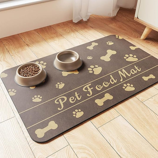 Pet Feeding Mat-Absorbent Pet Placemat for Food and Water Bowl, with Waterproof Rubber Backing, Quick Dry Water Dispenser Mat for Dog and Cat (20"x12", Brown)