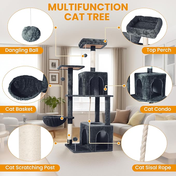 Cat Tree, 54-Inch Cat Tower for Indoor Cats, Soft Plush Multi-Level Climbing Cat Condo with Scratching Posts, Basket, Perches,2 Caves,2 Pompoms Play House for Cat(Dark Gray)